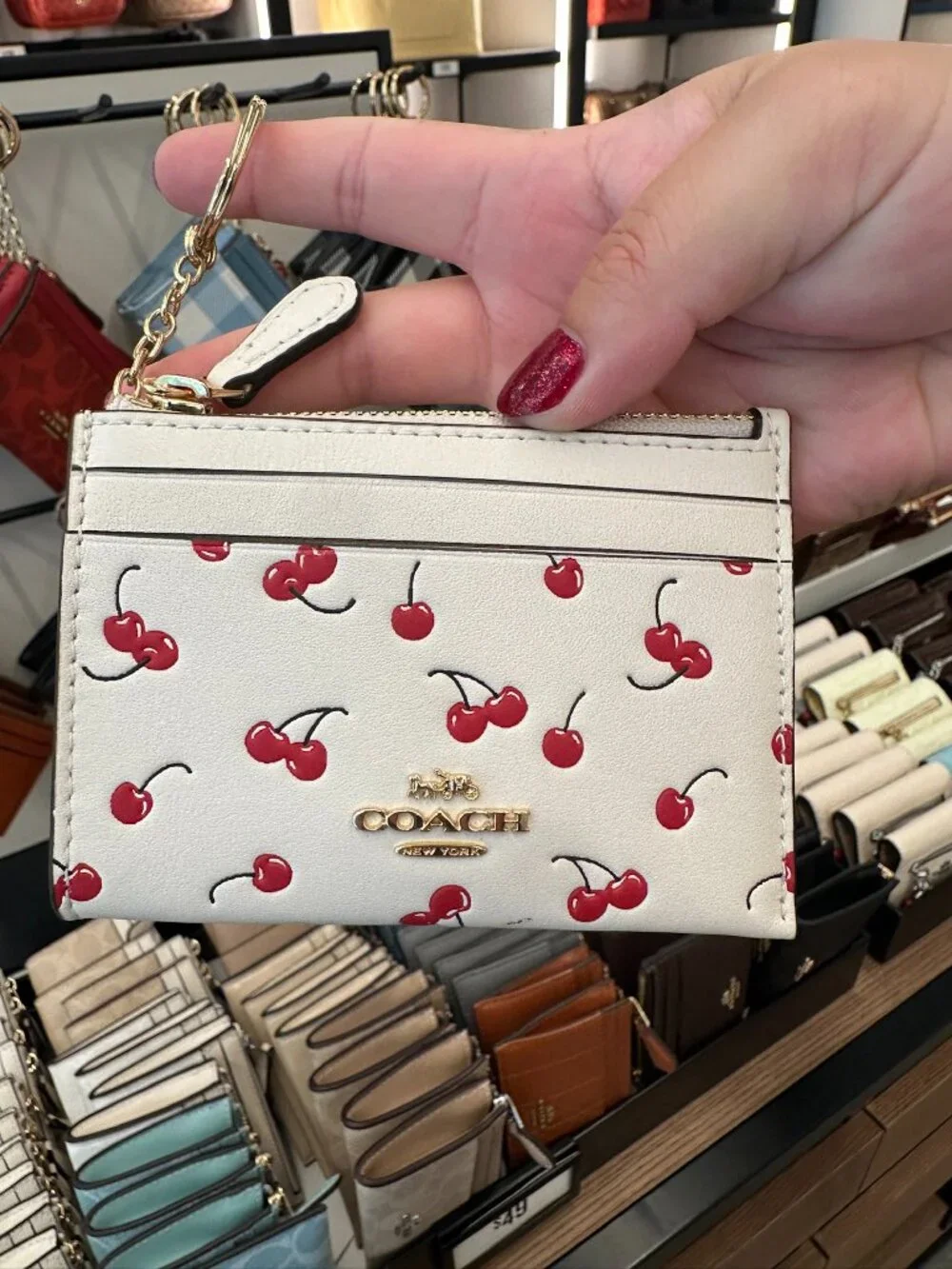 NWT! Coach CFA32 Mini Skinny ID Case With Cherry Print Gold/Chalk Multi
